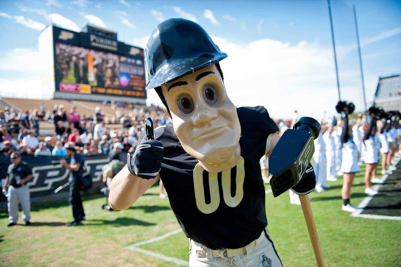 Purdue Pete on the field at Ross-Ade Stadium on game day